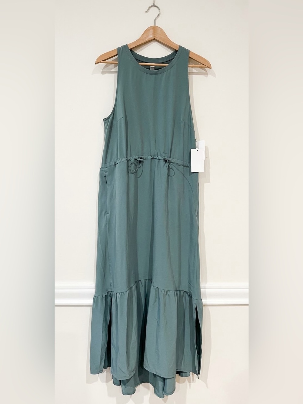 NWT Zella Pursuit Tiered Midi / Maxi Dress Slate Green Cinch Waist Pockets